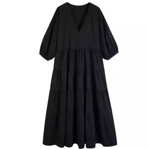 Elegant Fashion Dress Big Sleeves Female V Neck Long Black Dress